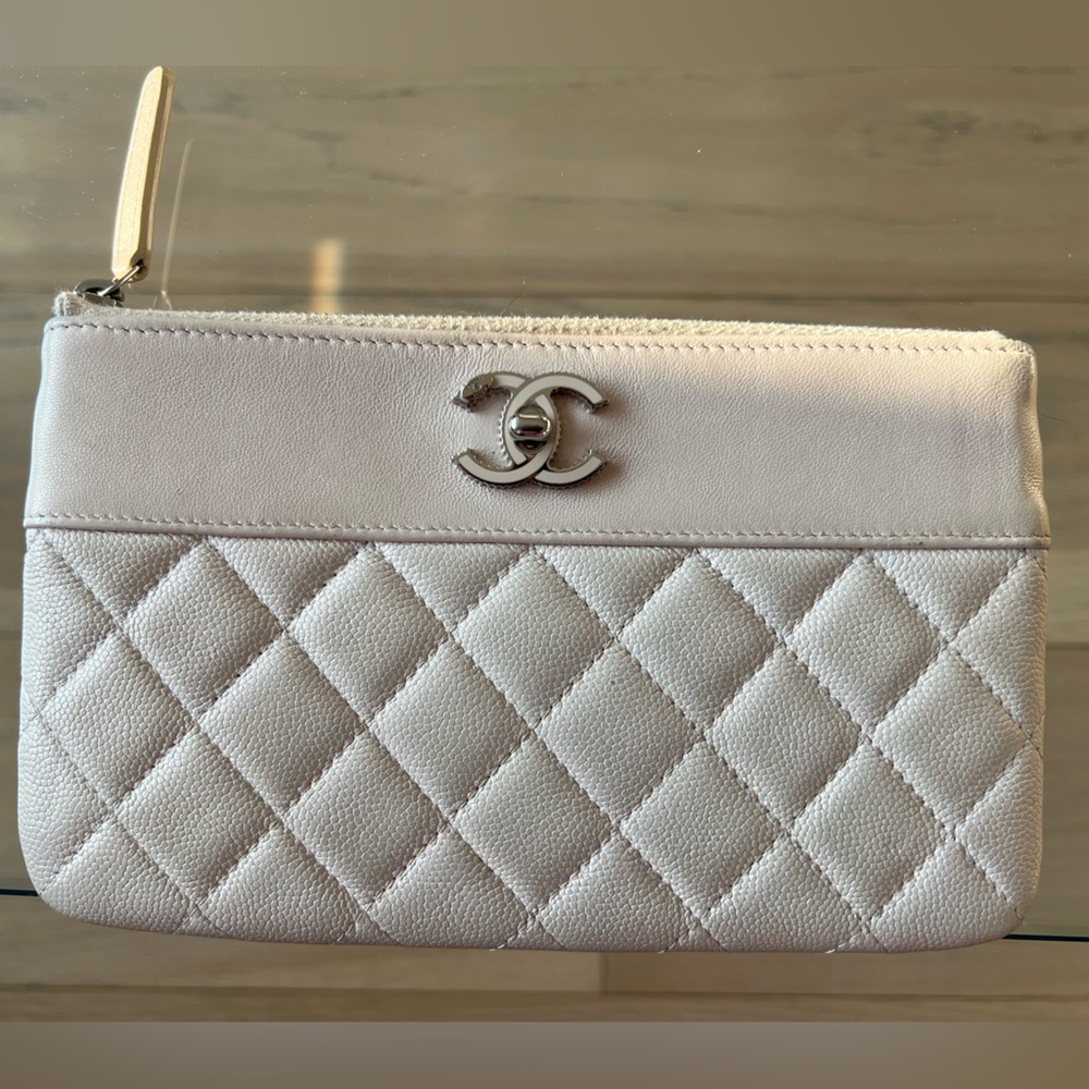 Chanel Pink Metallic Caviar Quilted Clutch with Elegant Gold Accents